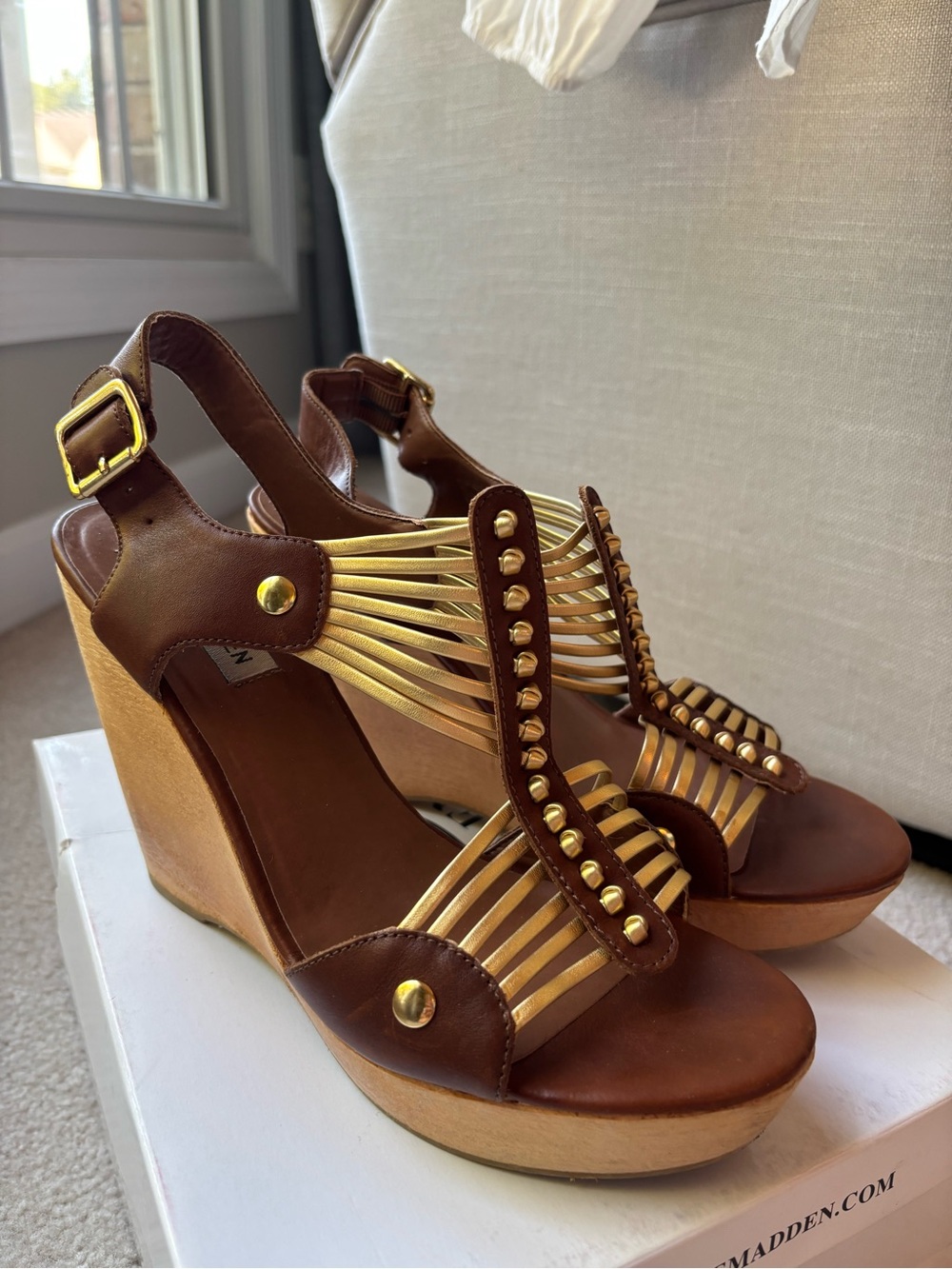 Steve Madden Brown and Gold Strappy Wedge Sandals